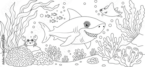 Cute shark coloring page with coral reef, fish, crab and underwater ocean scene, detailed black and white line art for kids coloring book