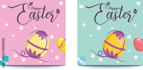 Easter eggs poster. Easter season vector poster set. Greeting cards with decorative flowers, Easter bunnies, floral frames and backgrounds. For Birthday, Wedding and Baby invitations.
