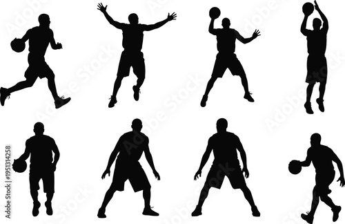 Silhouettes of basketball players in dynamic action poses, dribbling, shooting, jumping, defending, and playing sports, symbolizing athletic energy, teamwork, competition, and physical fi