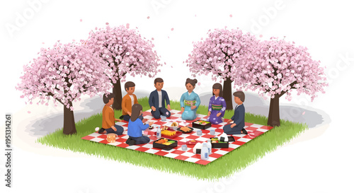 Friends have a picnic under blooming cherry trees in the park on a sunny day