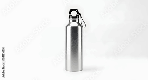 A shiny metal water bottle stands alone on a white surface indoors.