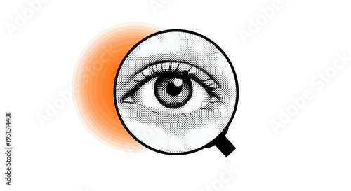 A magnifying glass zooms in on a detailed eye illustration with an orange glow.