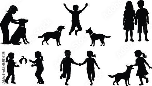 Silhouettes of children and dogs playing, petting, jumping, running, holding hands, tossing ball, symbolizing joy, companionship, affection, innocence, and playful childhood activities illustration