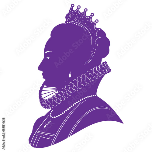 Side view of a queen silhouette wearing ornate renaissancestyle clothing and a crown on isolated background