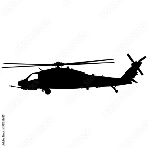 Black helicopter silhouette flying in air with rotors military aircraft shadow
