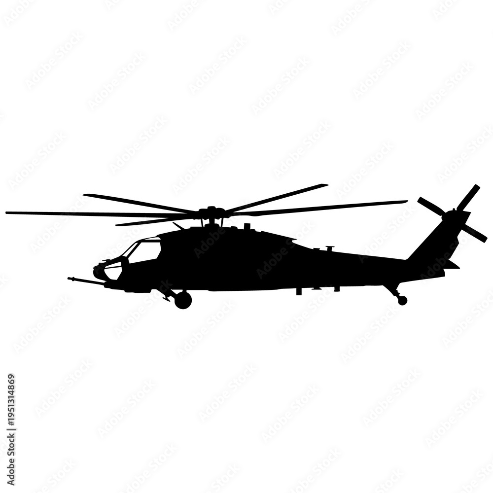 Fototapeta premium Silhouette of a black helicopter flying against a white background side view with rotor blades