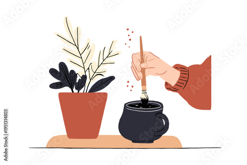 Eco-Conscious Artist Using Recycled Brush and Natural Pigments