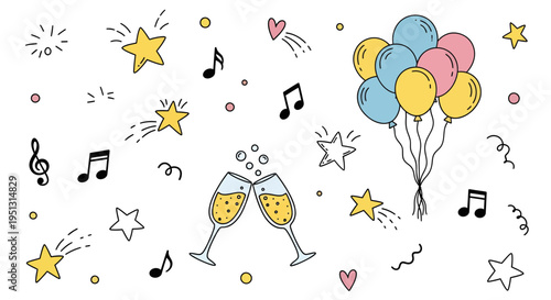 Party scene with champagne glasses and balloons floating amidst music notes and stars