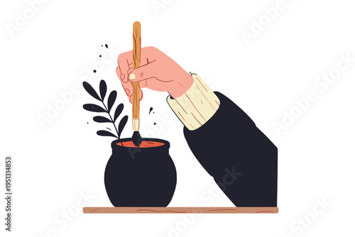 Eco-Conscious Artist Using Recycled Brush and Natural Pigments