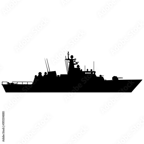 Silhouette of a modern naval warship with various military equipment and radar systems on a white background