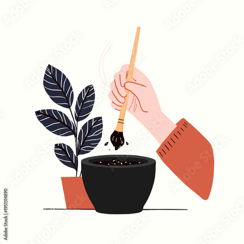 Eco-Conscious Artist Using Recycled Brush and Natural Pigments