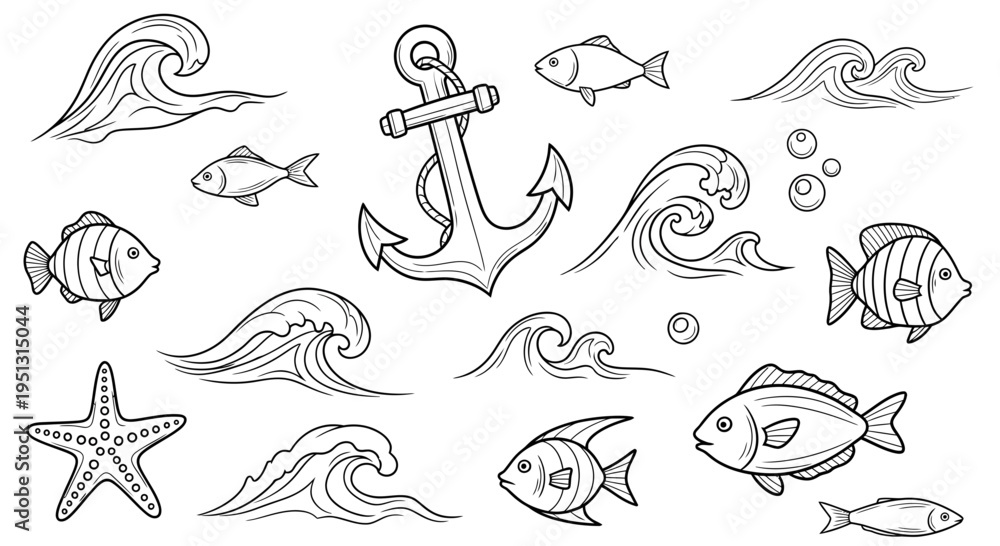 Obraz premium An illustration of various sea creatures and nautical symbols, including an anchor, waves, fish, and a starfish, in a marine environment.