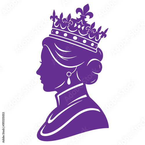 Side view of queen silhouette wearing crown with fleurdelis and ornate jewelry on transparent background