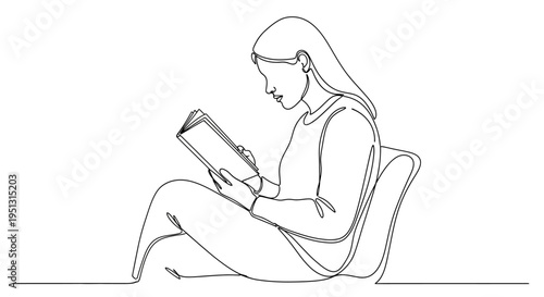 Woman reading a book continuous line drawing minimalist art illustration