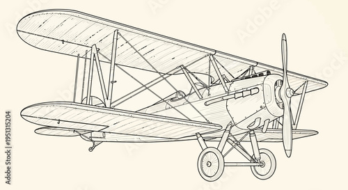 Vintage biplane illustration detailed line art of a classic aircraft