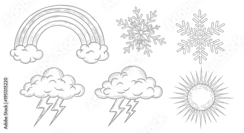 Weather forecast illustration with rainbow, clouds, snowflakes, and sun
