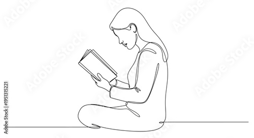 Woman reading book line drawing simple outline concept isolated
