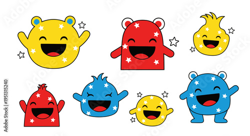 Cute Monsters Collection: Happy, Smiling, Cartoon Characters with Stars