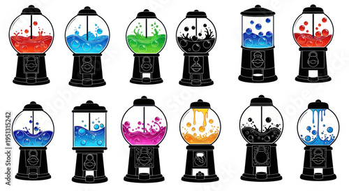 Colorful Gumball Machines with Splashing Liquids