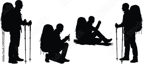 Silhouettes of hikers with backpacks and trekking poles in diverse poses representing outdoor adventure, camping lifestyle, hiking journey, wilderness exploration, teamwork, and nature travel 