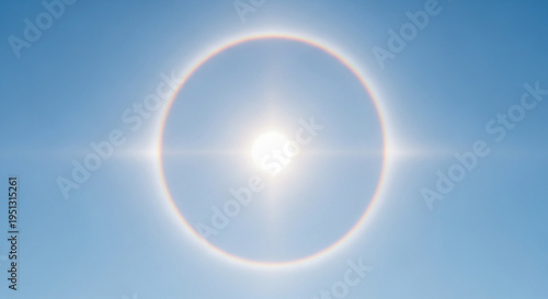 Solar eclipse with bright sun and corona ring in clear blue sky during daytime