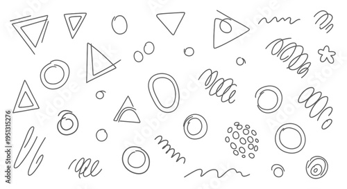 Geometric shapes are illustrated in a messy composition on a white background