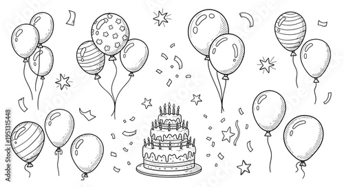 A colorful birthday celebration with balloons and cake indoors