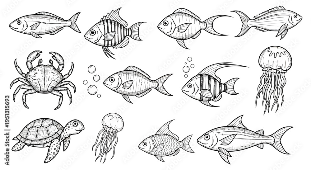 Obraz premium Marine animals illustration including fish, jellyfish, crab, and turtle in ocean environment.