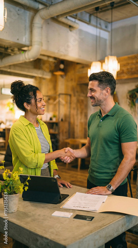 Business Handshake in Cafe: A moment of agreement or a cordial greeting captured in a bustling cafe scene, featuring two individuals shaking hands over a countertop with a laptop and open file.