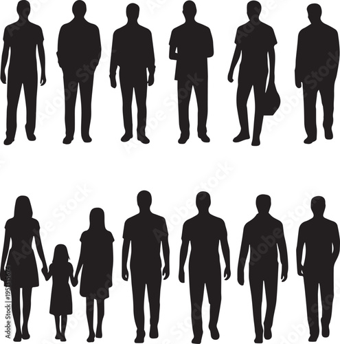 Black silhouettes of people in various poses and activities diverse activities standing sitting desi