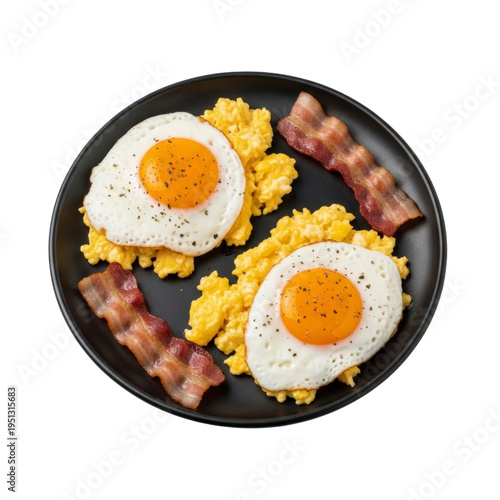 Scrambled eggs and bacon on a black plate