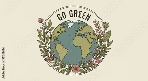 Earth surrounded by leaves and flowers with 'go green' text in a circular frame on beige background