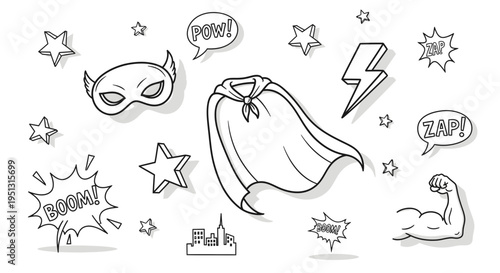 A superhero illustration depicts a cape, mask, and flexed arm with comic effects.