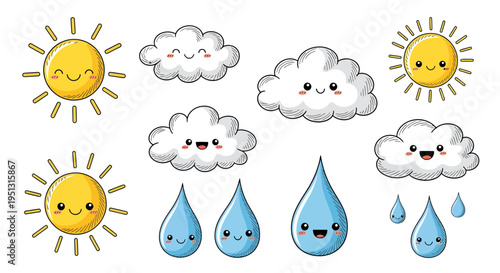 Weather icons of smiling sun, clouds, and raindrops in a scenic sky