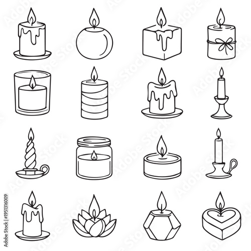 Candle doodle hand drawn icon set. Different shapes of wax candles, cubes, cylinders, balls. Burning candles. Vector illustration