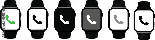 Smartwatch call notification icon set with multiple interface styles in black and white isolated on white background, wearable technology communication concept