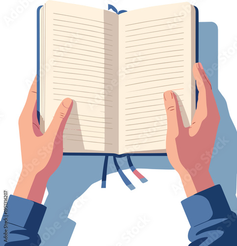 Illustrazione vettoriale di mani che aprono un libro. Concetto di lettura, conoscenza, studio, apprendimento e scoperta, ideale per educazione, cultura e contenuti editoriali.