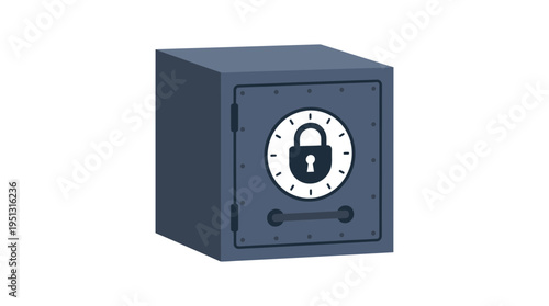 A dark blue cube-shaped safe with a circular lock symbol on its front panel.