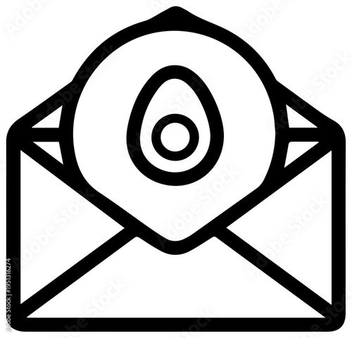 Minimalist black and white outline icon of an open envelope with a stylized easter egg symbol inside representing a festive greeting or holiday message suitable for digital