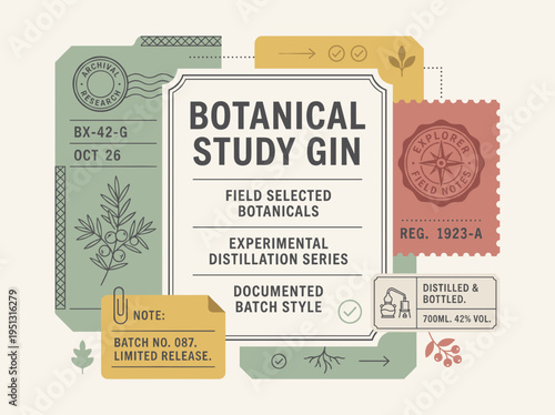 Botanical study gin label showcasing details of ingredients, distillation process, and batch information from the distillery in 1923