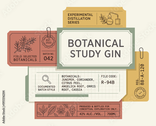 Botanical study gin label design with details about the distillation process and ingredients used in creating the gin