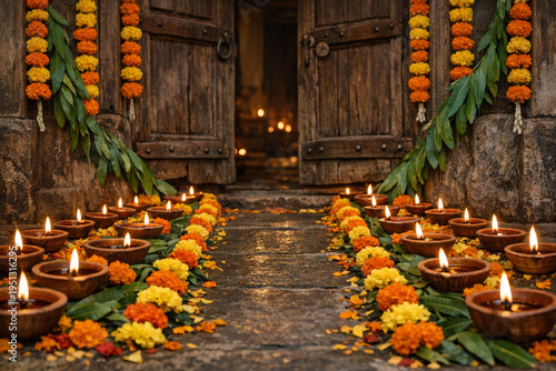 Traditional Diwali Entrance with Oil Lamps and Marigold Decorations