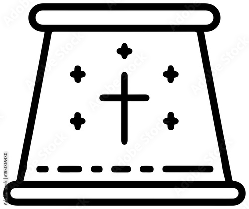 Minimalist outline icon depicting a sacred altar cloth with a prominent cross symbol and decorative stars representing religious ceremony faith and spiritual devotion in a clean