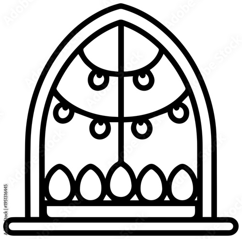 Simple black line art icon of a gothic arched window decorated with hanging easter eggs and a row of eggs on the sill representing festive holiday celebration and spring themes