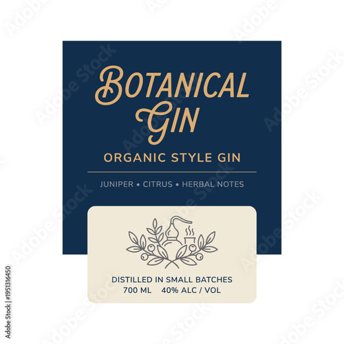 Botanical gin label with details on ingredients and distillation process shown clearly