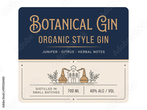 Botanical gin label design showcasing organic ingredients and production details for a premium beverage