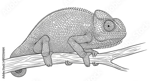 Detailed line art of a chameleon resting on a branch against white