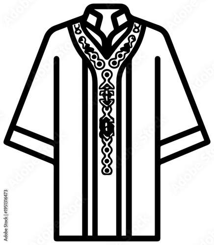 Elegant black line art illustration of a traditional choir robe with intricate decorative embroidery on the neckline and front placket symbolizing religious services and formal