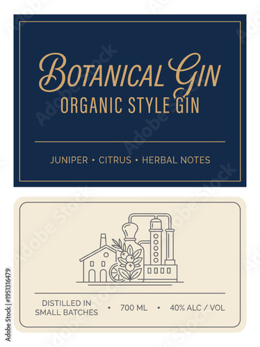 Botanical gin packaging design with organic style and clear labeling of ingredients and distillation process
