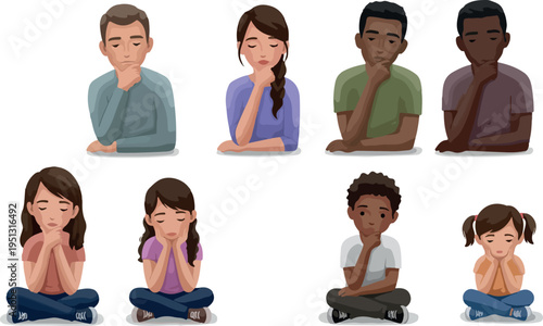 Pixel Art Diverse People Thinking Pose Collection Caucasian and Black